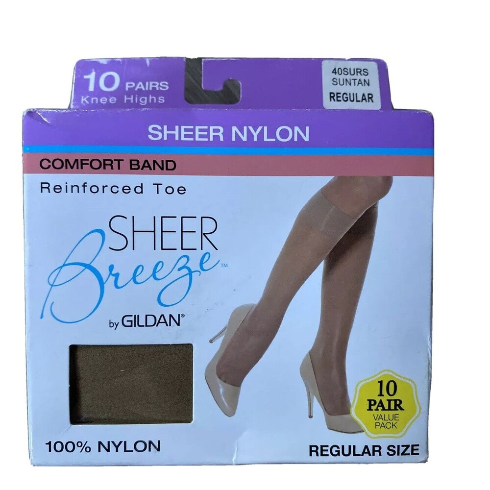 Regular Size Knee Highs 10 Pair Sheer Breeze By Gildan Suntan Nylon Comfort NWB